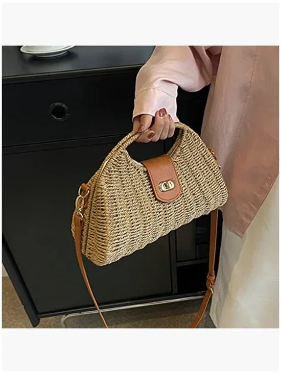 Handwoven Straw Crossbody Tote Bag with Rattan Top Handle - Picture 2 of 7